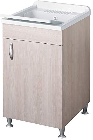 Negrari Eco Lavatoio Montato 45x60 L45 P60 H85 CM Colore Olmo Interno Lavanderia Mobile Nobilitato Idrofugo Legno Vasca Asse Plastica Piedini Regolabili Ante Battenti Economico Qualità Medio Alta