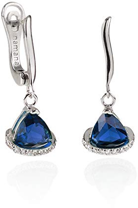 Namana Triangel Tropfen-Ohrringe für Damen. Silberne Clip on blaue Ohrhänger mit blauen Steinen. Farbige Edelsteinohrringe für Frauen mit Geschenkbox.