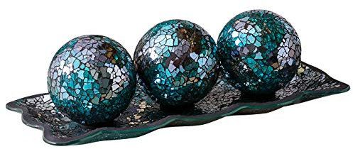 KMwares Decorative Mosaic Glass Tray 31.5cm with 3 Decorative Balls Balls Decoration for Living Room or Dining Room Coffee Table Mantle Decoration Centerpiece (Turquoise)