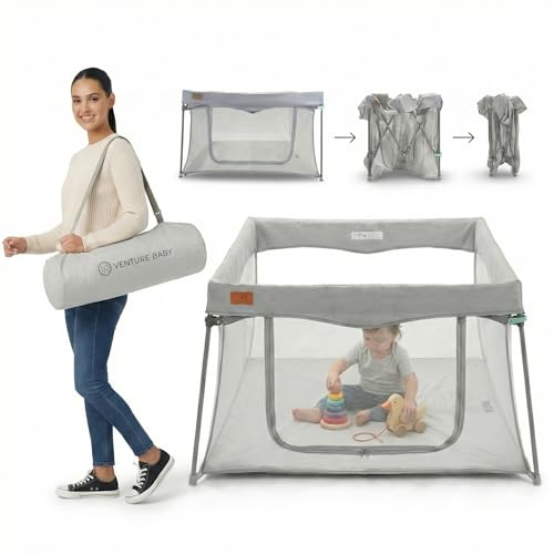 Venture All Stars Joy - Corralito cuadrado para bebés, plegable, compacto para bebés y niños pequeños con lados de malla, alfombrilla ajustable y puerta con cremallera, corralito portátil con bolsa de