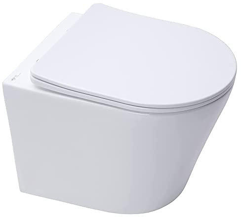 Wall Hung Rimless Toilet Pan, Short Projection Including Slimline Soft Close Seat - Hidden Fixations, Gloss White (RIMANO)