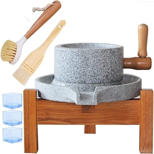 HXSCOO Natural Granite Stone Mill, Hand Crank Dry And Wet Grain Flour Stone Grinder, Natural Wheat Paste Mill With Wooden Stand (Size : Small 7.87in*11.8in)