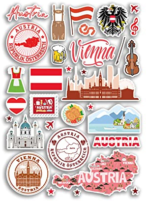 A4 Aufkleberbogen Österreich Sehenswürdigkeiten Vinyl Aufkleber – Österreichische Karte Flughafen Stempel Skyline Flagge Reise Urlaub Kultur Ästhetik #79996