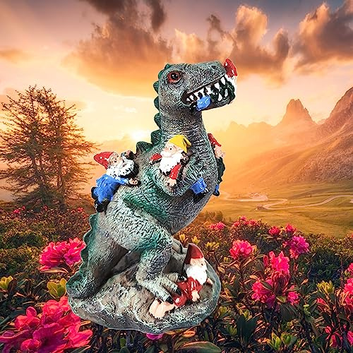 Wetufin 1pcs Funny Dinosaur Eat Gnome Green Resin Statue, 5.91 Inch High, Painted, Tabletop, Whimsical Retro Christmas Dinosaur Gnome Garden Statue Decoration for Indoor Yard Patio Lawn Landscape