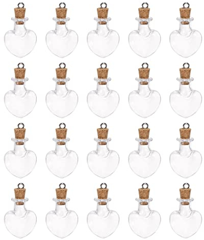 sourcing map 20pcs Mini Verre Bouteilles Pêche Cœur Transparent Clair | avec Liège Bouchons, Tiny Verre Bocaux, Petites Verre Fioles, Souhaitant Bouteilles avec Anneau pour Fête Décoration