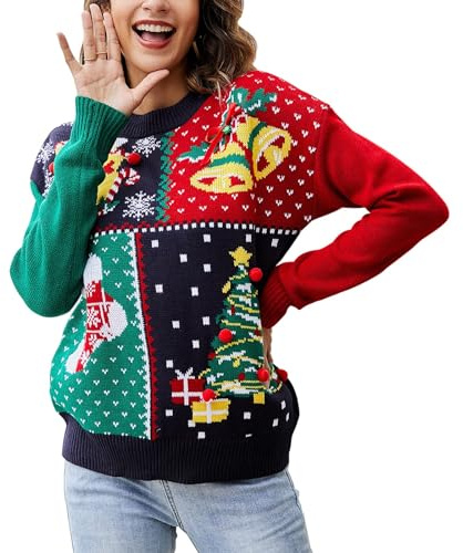 IFFEI Womens Ugly Christmas Jumper Santa Reindeer Print Long Sleeve Crew Neck Ladies Novelty Knitted Xmas Pullover Sweater Knitwear UK L Green/Red