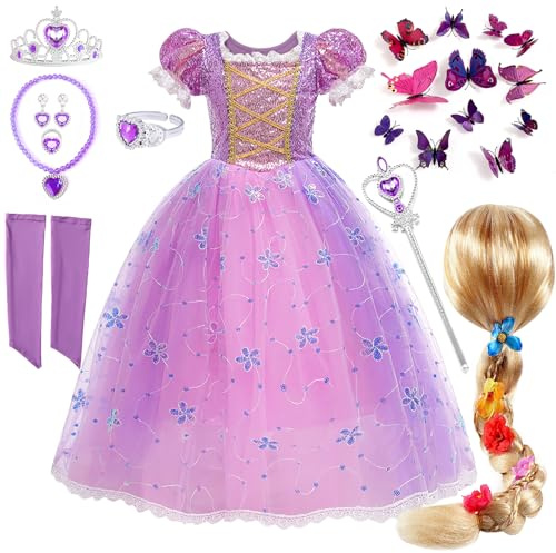Tacobear Rapunzel Kostüm Kinder Prinzessin Kleid Mädchen Perücke Krone Feenstab Halskette Ohrclips Ring Schmetterlingsnadel Verkleidung Geburtstag Halloween Karneval Cosplay Kleid 120(7-8Jahre)