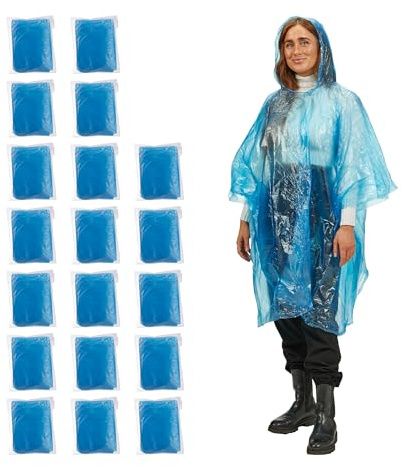 Relaxdays Regnponcho, set om 20, engångsregncape med huva, vandring, festival, nödponcho för kvinnor och män, blå
