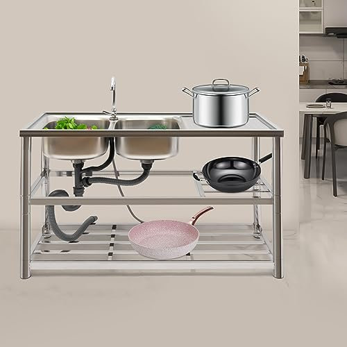 2 Becken Gastronomie Edelstahl SpüLe Gewerbe KüChen Drehbare Wasserhahn Multifunktions Wasch Tisch SpüL Commercial Regal Mit Abflusseinheit Paletten FüR CaféS Kantinen Silber Rechteckig 120*45*80Cm