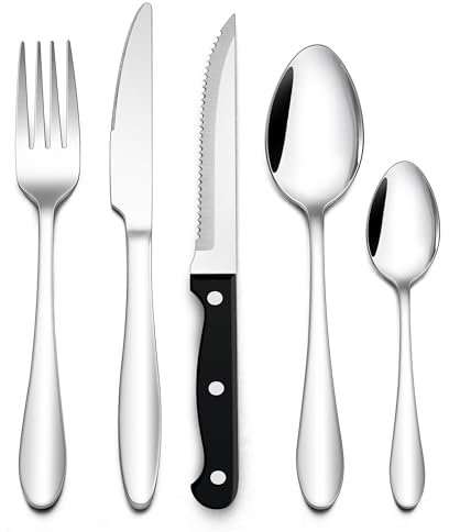 Onader 24 Piece Cutlery Set with 6 Piece Steak Knives, Stainless Steel Flatware Tableware Set for 6 People, Elegant Knife Fork Spoon Set for Home Restaurant, Mirror Finished & Dishwasher Safe