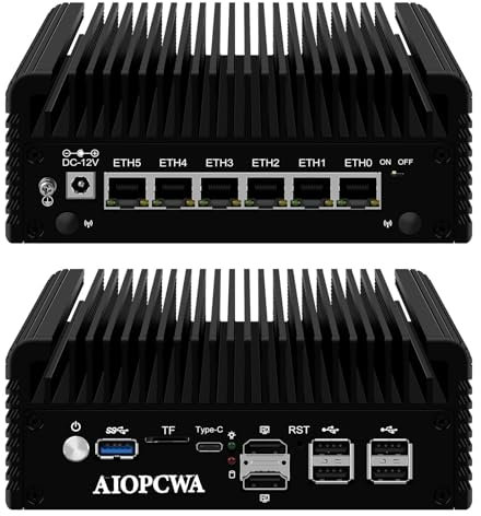 AIOPCWA N100 Firewall Mini PC Quad Core, 6 x 2.5 GBE i226V LAN Fanless Router Computer, Barebone, Micro Firewall Appliance, Support Windows OPNsense, TF Card Slot