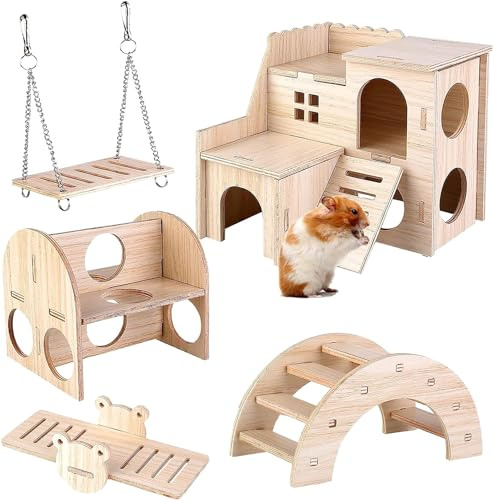 UieaMsio 5 pezzi Accessori per Criceto e Tamia: Giocattoli in Legno Casa per Criceto