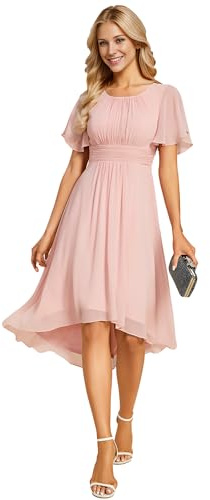 Ever-Pretty Abendkleider Damen Elegant für Hochzeit Hochzeitsgäste Kleid A-Line Knielang High-Low Cocktailkleid Festliche Kleider Rosa 46