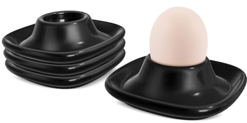 Flexzion Soft Boiled Egg Holder Set - 4-Piece Black Ceramic Egg Cup, Stackable Egg Coddler Cups with Base for Serving, Breakfast, Brunch - Kitchen Table Decor, Black