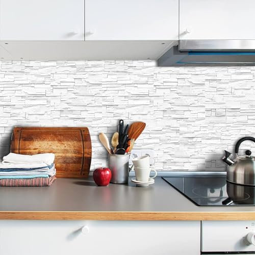 HAvern Autocollants pour carrelage de Cuisine 10 x 20 cm - Brique Blanche à Coller sur carrelage - Crédence de Cuisine - Carrelage de Sol à décoller et à Coller - Autocollants 3D pour Car