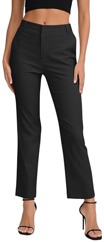 EXCHIC Femmes Casual Confortables Elastique Jambes Droite Pantalon Taille Haute Travail Pantalon avec Poches(M, Noir)