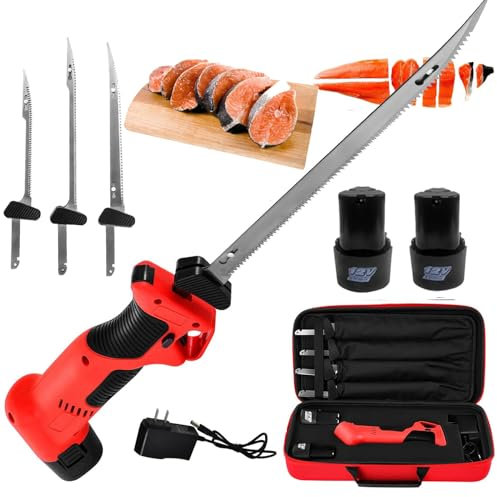 Coltello Per Sfilettare | Coltello Elettrico Per Sfilettare Senza Fili Per Pesce | Coltello Per Disosso Affilato|Coltello Pesce Lama In Acciaio Inossidabile-2 Batterie Agli Ioni Litio+Borsa,Red