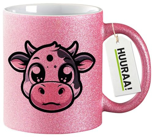 Huuraa Glitzertasse Comic Kuh Kälbchen Geschenk | Motivtasse 330ml Glitzer Tasse mit Spruch Pink Keramik Kaffeebecher Geschenkidee Pinker Glitter Becher mit Motiv