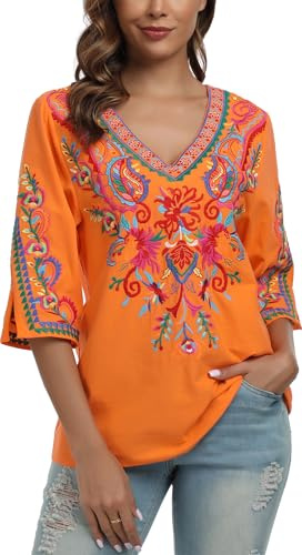 YZXDORWJ Mexican Blouses for Women Summer Floral Embroidered V Neck 3/4 Sleeve Traditional Tops Boho Shirts (S, 17-4O)