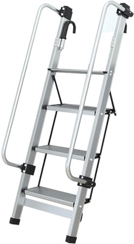 GLDWEY Alu Leiter 4 Stufig Klappbar Stufenleiter mit Ablage Haushaltsleiter Belastbar bis 130 kg Stehleiter Geeignet für Dachbodentreppen Hausleitern Dächer