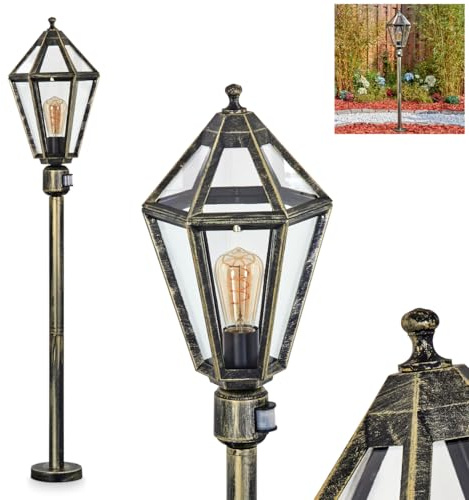 Wegeleuchte Falfosa, Wegelampe mit Bewegungsmelder aus Metall/Glas in Schwarz/Gold/Klar, Leuchte im Vintage/Antik/Landhaus-Design für Außenbereich/Garten/Hof, 120,5 cm, E27, ohne Leuchtmittel, IP44