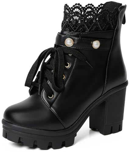 FOREADA Botas de combate góticas con tacón de plataforma para mujer, botines victorianos de encaje perlado, Negro grueso, 36 EU