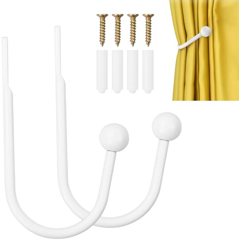 2 Pezzi Ganci Fermatende a U in Metallo per Tende, Ganci per Tende a U con Viti - Elegante e Pratico Fermatenda da Parete Bianco da Muro