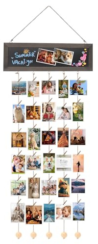Beowanzk Hängende Foto-Anzeigetafel Fototafel Diy Bilderrahmen für Dekoration, Holz-Bilderrahmen mit 30 Clips und 3 Magnetaufklebern