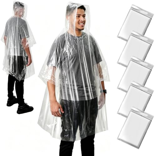 ANYOO Poncho Impermeabile Usa e Getta per Adulti, 3/5/10 Pezzi Mantella Antipioggia Donne e Uomini Emergenza con Cappuccio per Campeggio, Festival, Trekking, Concerti, Trasparente, Taglia unica