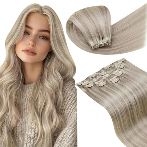 LaaVoo Echthaar Extensions Clip Blond Highlight 50cm Lang Echthaar Clip Extensions Glatt Haarverlängerung Echthaar Clip in Extensions Weiches 120g 7Stück #18/613