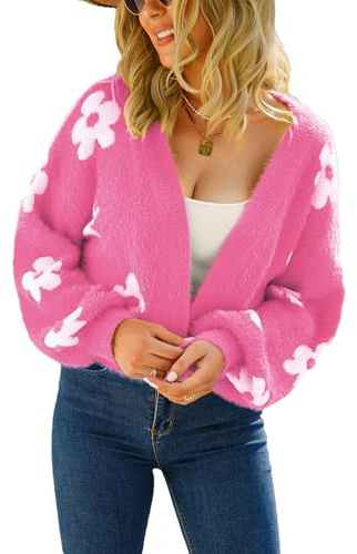 Jamron Damen Offener Front Geblümte Kurze Strickjacke Langarm Gestrickt Cover Up Cardigan