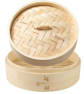 URFEDA Panier Vapeur en Bois Naturel 10cm, Panier Vapeur Asiatique 1 Étages avec Couvercle en Bambou, Panier de Cuisson Vapeur pour Dim Sum Poulet Poisson Légumes Cuisson