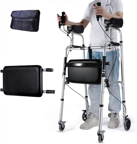 Vexorium Cadre de Marche avec Freins et avec Coussin d'accoudoir, déambulateur Pliable léger à 4 Roues avec siège rembourré, déambulateur Standard Pliable réglable