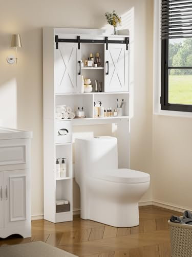 FiveWillowise Over Toilet Storage Unit, Bathroom Storage Cabinet with Sliding Barn Door, Space Saving Over Toilet Shelf Unit with Adjustable Open Shelves, Bathroom and Laundry Room Cabinet Furniture