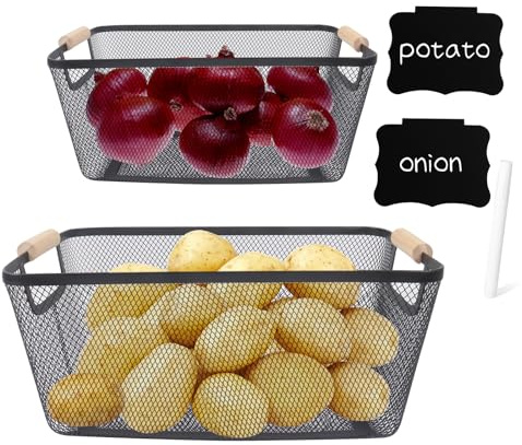 ZoeQide Cestas Patatas Cebollas 2 Piezas Metal, Asa Madera Apilables Cocina