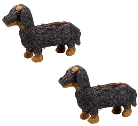 Garden Mile Set of 2 Animal Themed Flower Planters Novelty Rattan Straw Plant Pots Garden Dog Decor Garden Lawn and Patio Planters