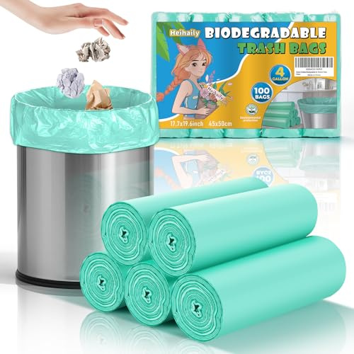 heihaily Lot de 100 sacs poubelle biodégradables de 15 litres - Sans odeur - Extra épais et résistants - Petit format - Pour salle de bain, cuisine, toilettes - Vert