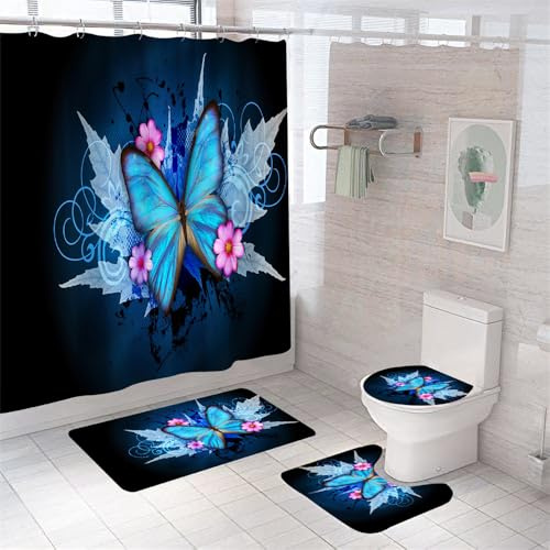 Badezimmerteppich Blauer Schmetterling Badteppich rutschfest Waschbar Badgarnitur 3 Teilig – Badematte Set Mit Wc-Vorleger Und Badematte,Teppich Badezimmer Für Sicherheit Und Komfort Im Bad 50×80Cm