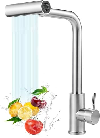 Rubinetto Lavello Cucina a Cascata, Alta Pressione Miscelatore Cucina con Doccetta Estraibile 4 Modalità di Getto, Acciaio Inox Rubinetti Cucina Girevole a 360°, Cromo Lucido