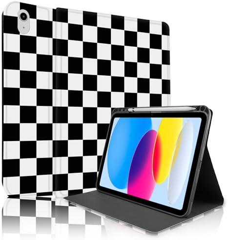 TopPerfekt Case for iPad 11th (A16) 11-inch 2025 / iPad 10th Generation 10.9-inch 2022, Pencil Holder Anti Slip Shockproof for Kids, Female, Male, Plaid Cute Chic Checkered Series Black - White