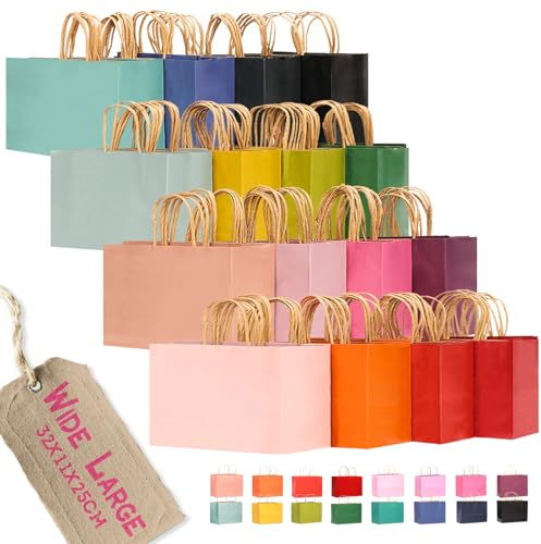 Gcardist Lot de 100 pièces larges grands sacs cadeaux en papier avec anses - 32 x 11 x 25,4 cm - Petits sacs de fête en papier kraft - 16 couleurs unies