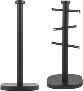 Salter Kuro Kitchen Roll Holder & Mug Tree Set – Freestanding 15 x 34cm Paper Towel Holder for Countertops, Sturdy Carbon Steel Mug Stand with 6 Branch Display, Worktop Storage Racks, Black