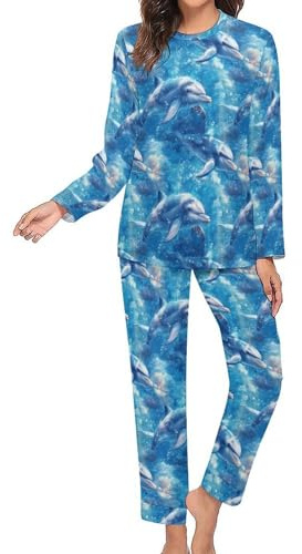 Novastar Schlafanzug für Damen, 2-teilig, niedlicher Delfin-blauer Ozean-Druck, langärmelig, Nachtwäsche, Pyjama, Lounge-Set