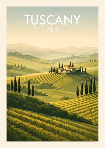 Tuscany Italy Travel Poster, Vintage Style Wall Art, Landscape Print, Italian Countryside Theme. Size A4