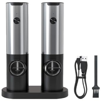 Molinillo Pimienta, Pepper Grinder Molinillo de sal y pimienta eléctrico recargable, base carga, molinillo automático especias acero inoxidable(Charge Base Steel)