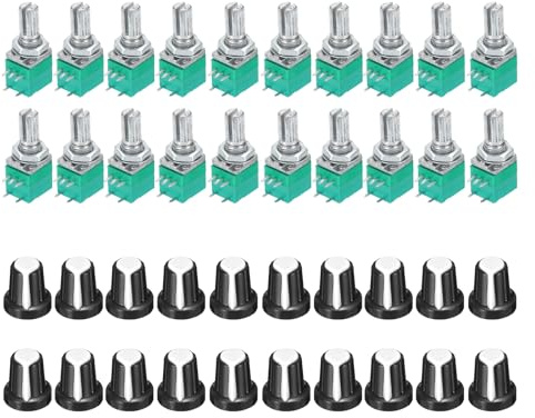 QUARKZMAN 20 Stück B100K Ohm Potentiometer Mit Schalter 5 Pin Variable Widerstände Einfache Lineare Drehung Drehpotentiometer Set Mit Drehknopf RV097NS Schwarz/Weiß