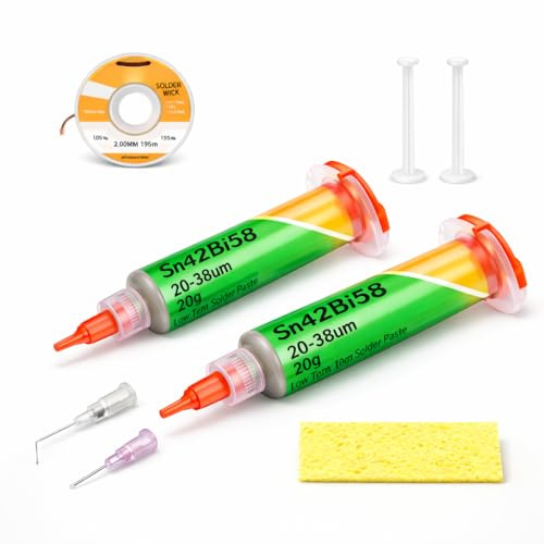 PACK 2 UNIDADES (40g) Pasta de Soldadura Sn42Bi58 para Electrónica – Flux Profesional No-Clean para Soldar SMD/PCB/Componentes – Incluye Malla Desoldadora 2mm x 1,5m y Esponja