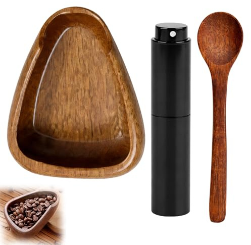 3PCS Coffee Bean Dosing Cup Set with Woods Tray, Precise Coffee Dosing Before Grinding, Wood Coffee Bean Scoop Scale with 9cm Wood Spoon and Black Dispensing Bottle for Coffee Lovers Gift