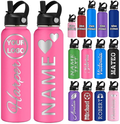 Personalisierte Trinkflasche mit Namen Logo Gravur 350/530/700/950/1150Ml Doppelwandig Isoliert Edelstahl Wasserflaschen mit Strohhalmdeckel Und Tragegriff Geschenk Für Schule Sport Büro