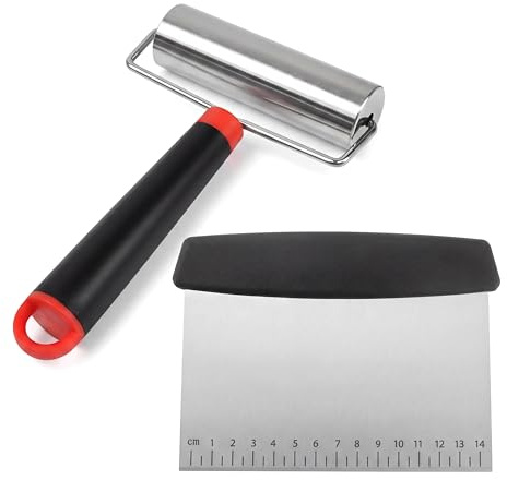 Teigroller Edelstahl, Klein Nudelholz Metall Teigroller Handgefertigte Teigausroller Nudelholz mit Griff 19 cm x 11,6 cm Rolling Pin mit Teigschaber für Pizza Fondant Kuchen Teig Zuckerguss Gebäck